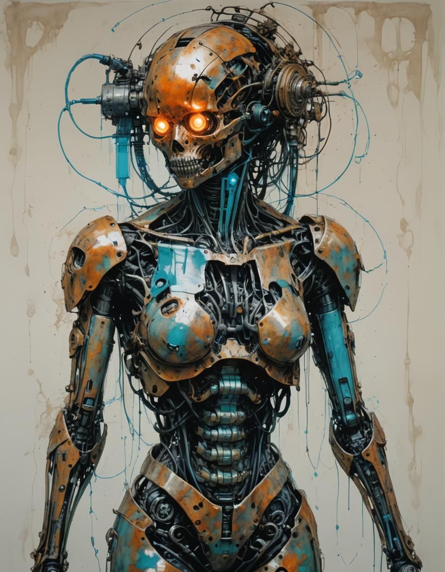 Glowing Mecha Maid with Rusted Frame and Neon Eyes