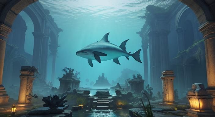 Ancient Underwater Ruins with Sunken Temples in 3D