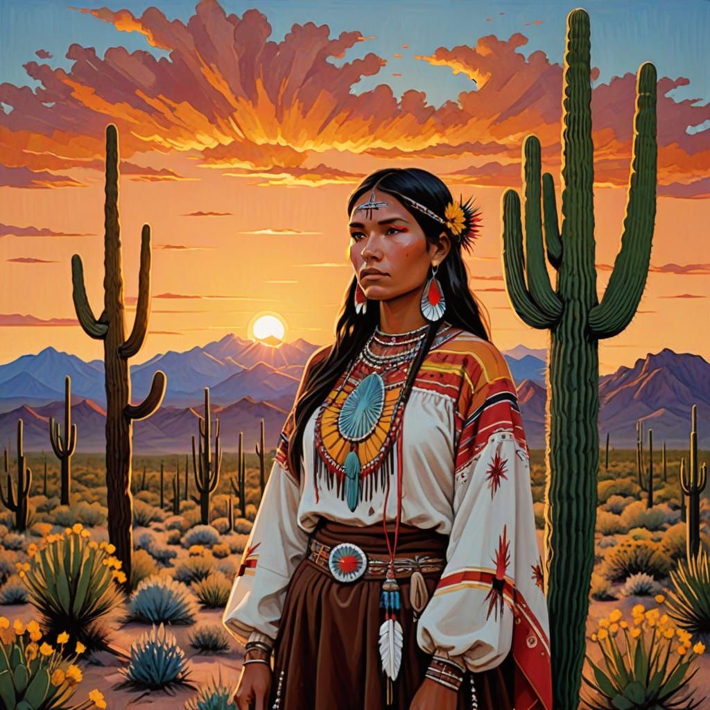 Native American Woman in Desert Sunset with Saguaro Cacti
