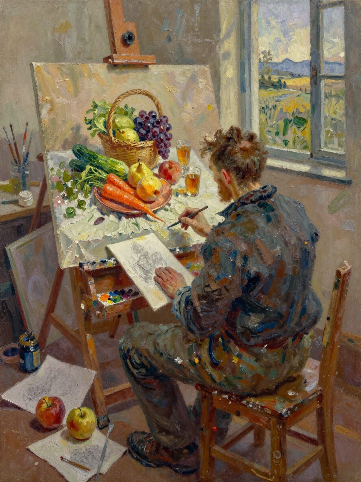 Impasto Oil Painting of Artist Absorbed in Studio Still Life