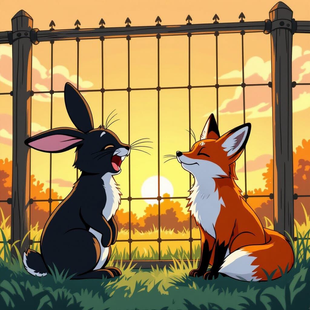 Anime Bunny Laughing at Fox in Bold Colors