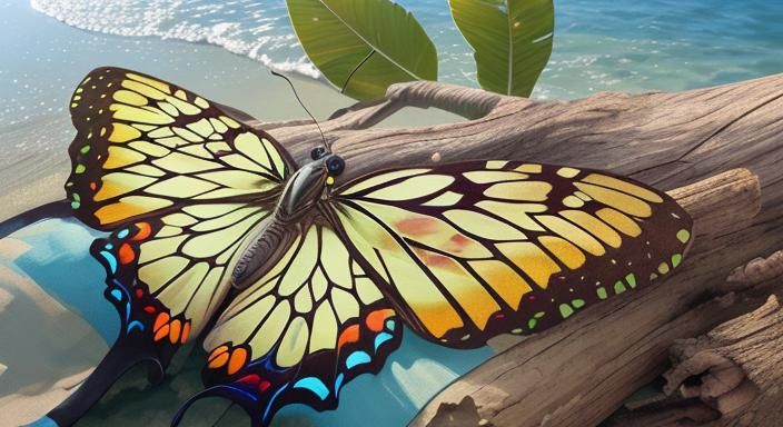 Mosaic Butterfly at Beach Sunrise in 8K HDR