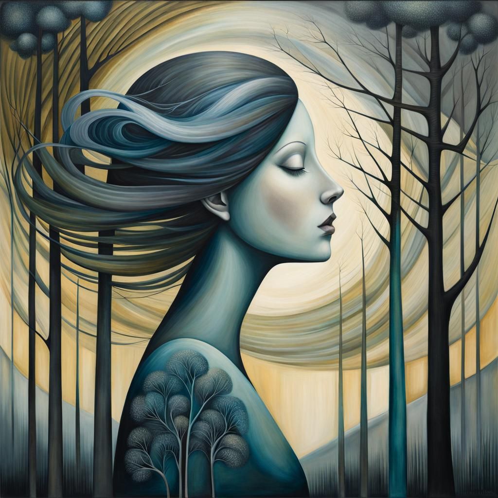 Surreal Tree in Windy Landscape Double Exposure Art