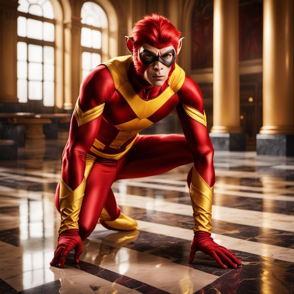 Red-Skinned Superhero in Yellow Suit: Cinematic Illustration