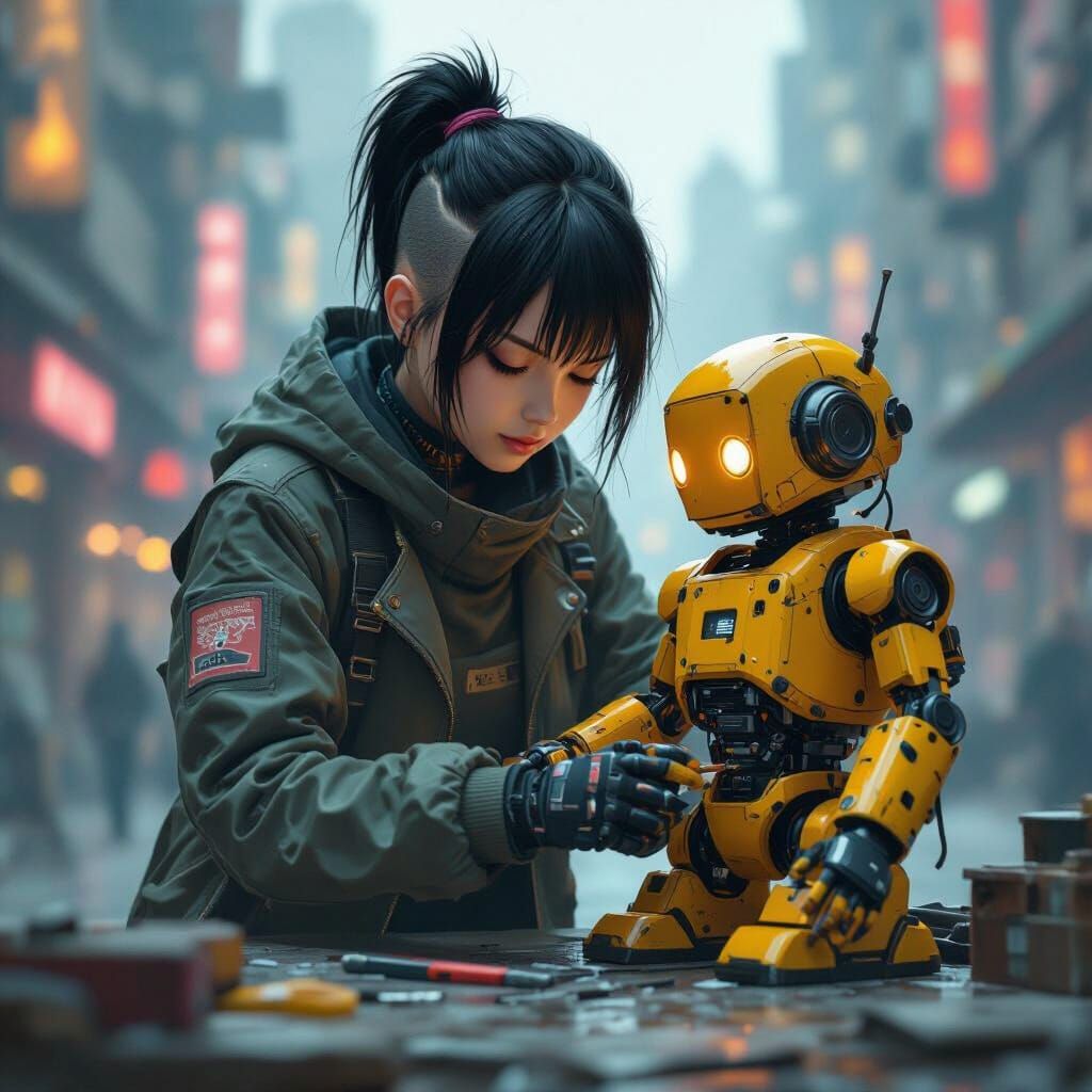 Anime Sci-Fi Girl Repairs Yellow Robot in Dystopian Cityscap...