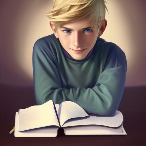 Smiling Blonde Teenager with Notebook, Digital Art