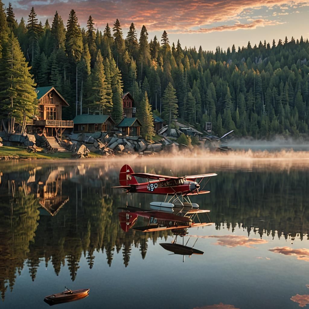 1920s Seaplane Biplane Takes Flight at Sunrise