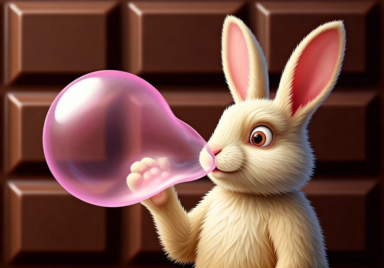 Giant Bubblegum Rabbit Smiles at Chocolate Bar