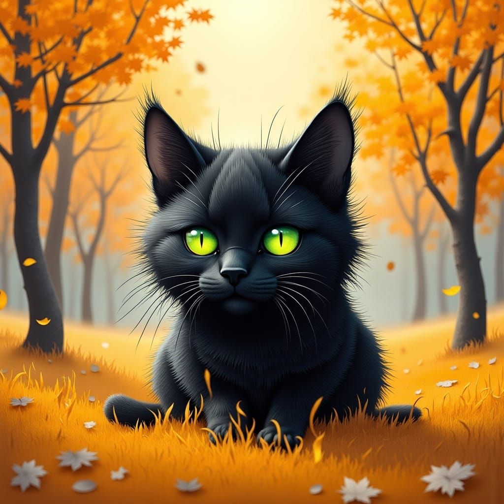 Black Tomcat in Autumn Meadow Charcoal Drawing