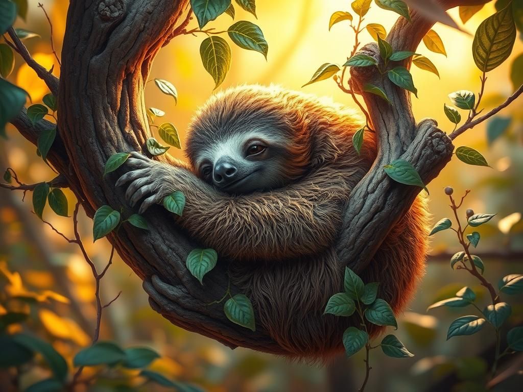 Dreaming Sloth in Lush Rainforest: Art Nouveau Style