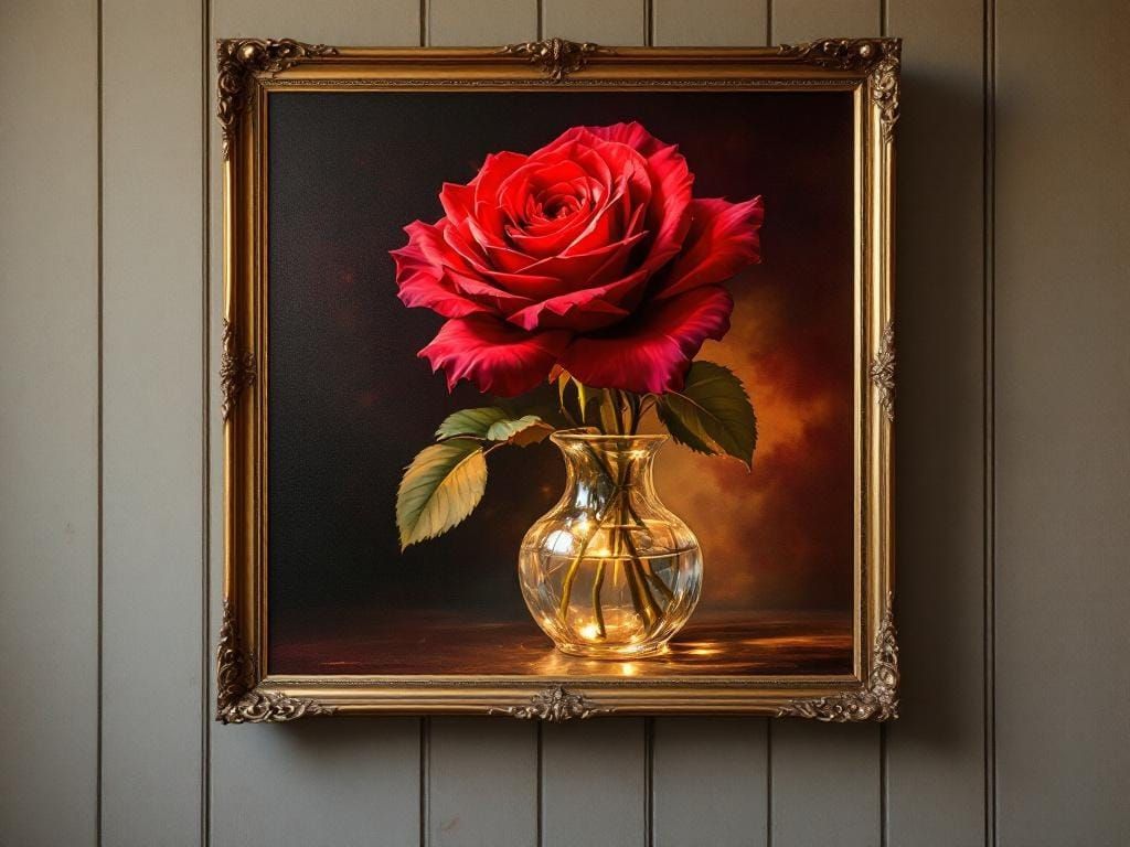 Red Rose in Glass Vase, 19th Century Oil Painting
