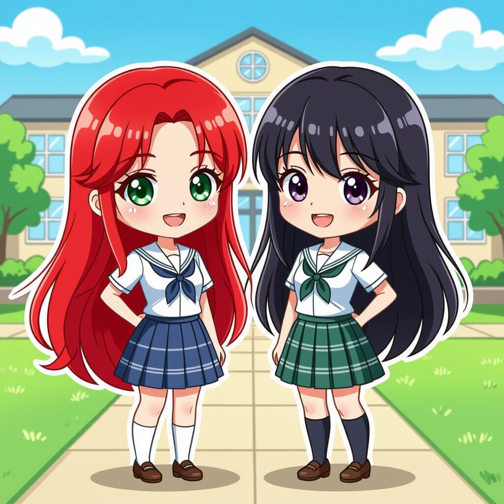 Cute Chibi Anime Girls in Japanese School Uniforms