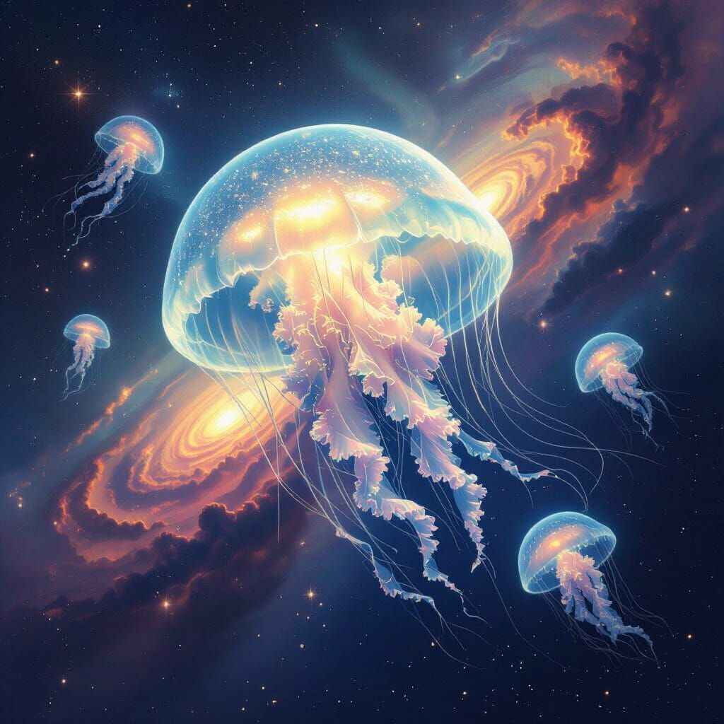 Bioluminescent Jellyfish in Cosmic Surrealism Style