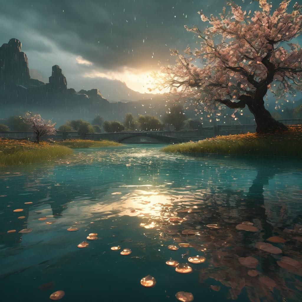 Raindrops on Lake with Blossoming Tree