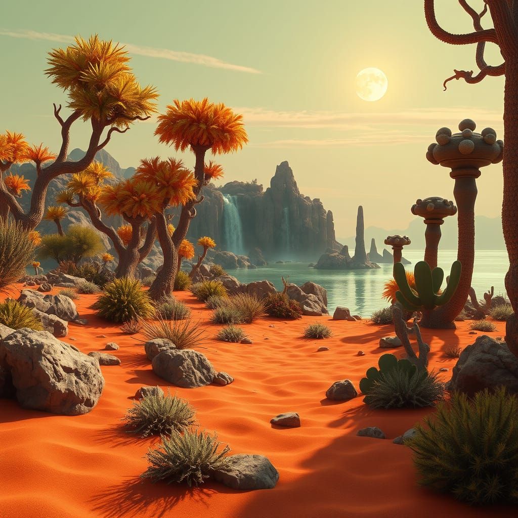 Mystical Alien Lakefront with Glowing Trees and Waterfall