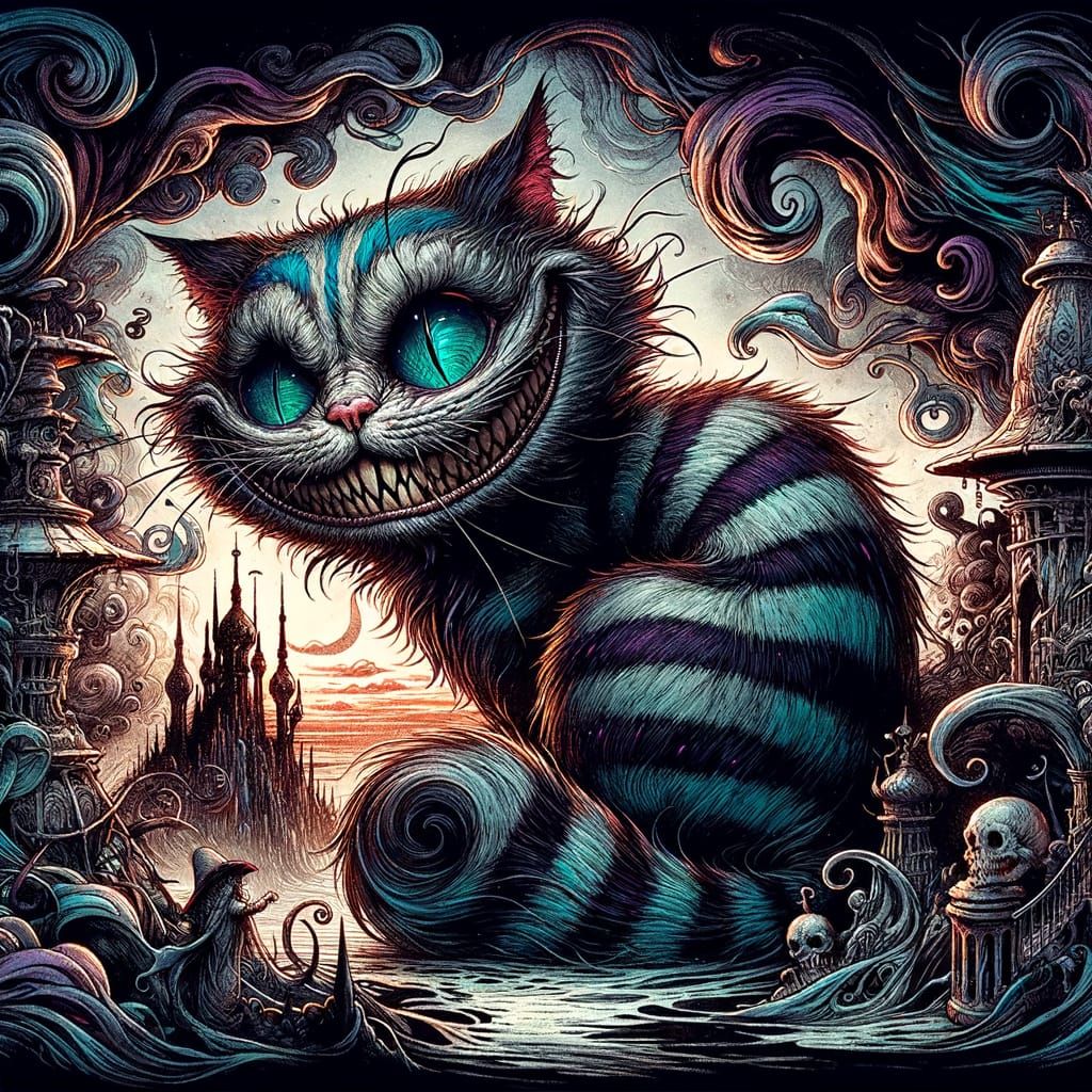 Dark Fantasy Art: Cheshire Cat in Haunting Landscape
