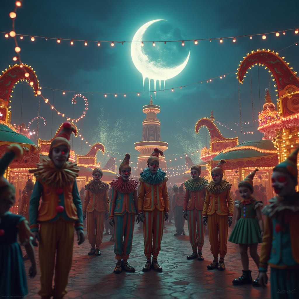 Vibrant Carnival of Clowns Under Night Sky