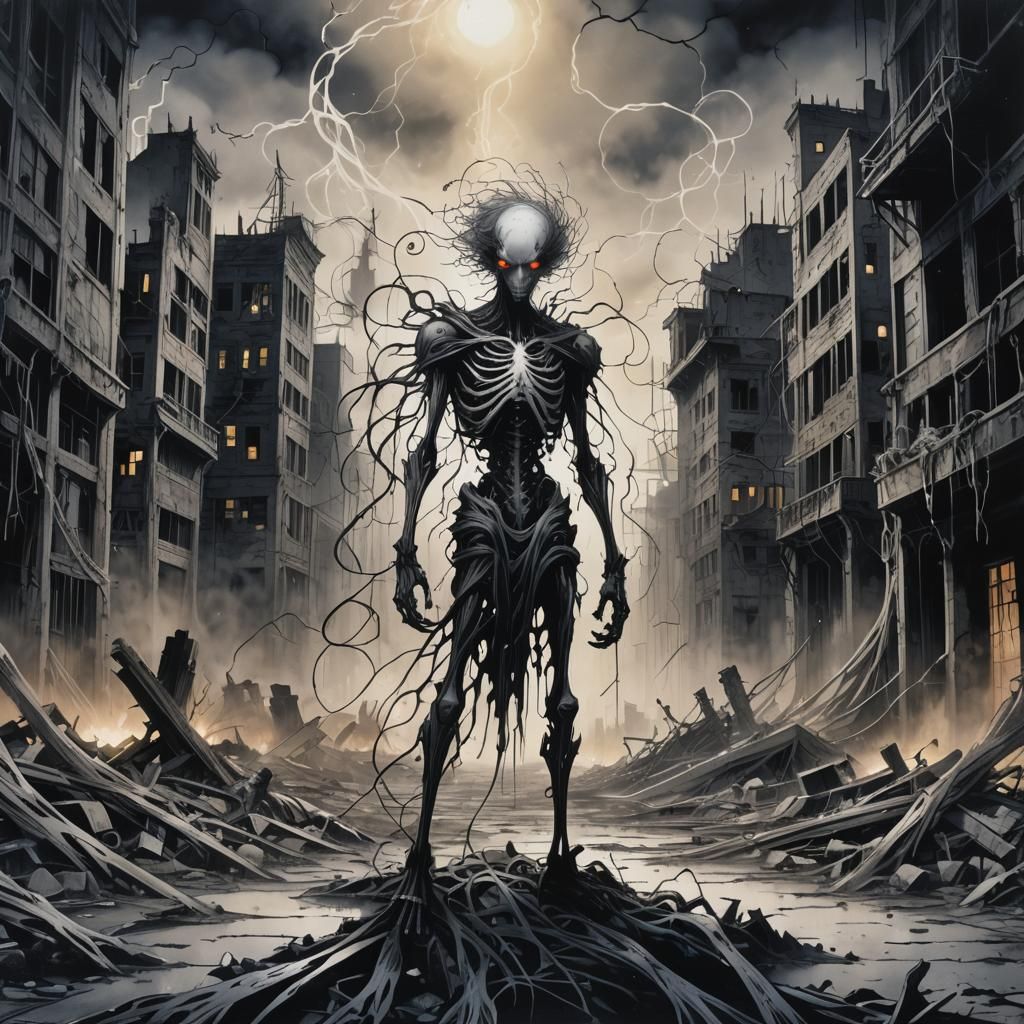 Wasted Cityscape in Dark Gothic Zentangle Style