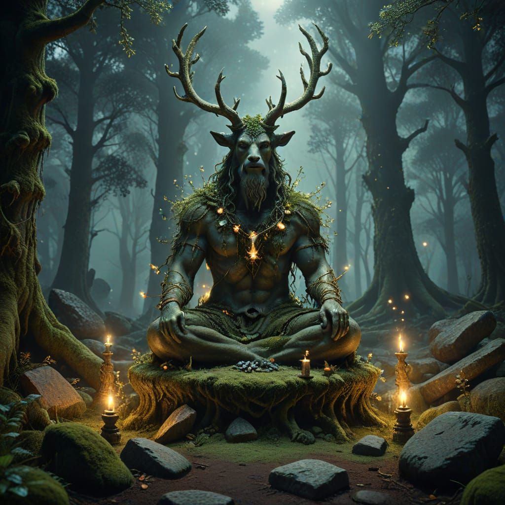 Mystical Altar to the Horned God in a Dark Fantasy Forest