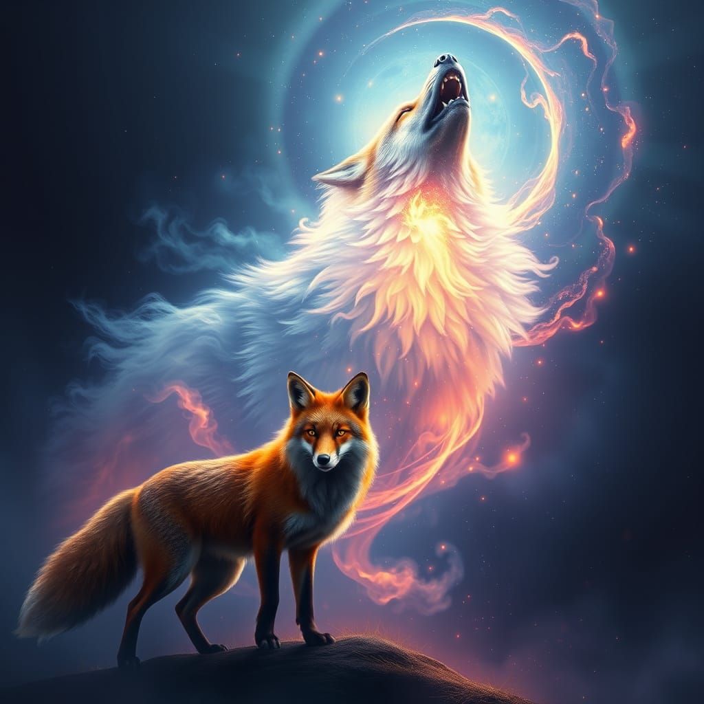 Mystical Spirit Fox in Celestial Landscape