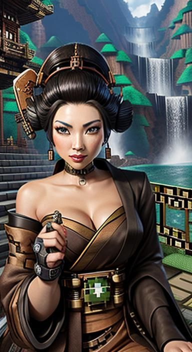 Steampunk Cyborg Geisha Riding Horse Amidst Waterfall