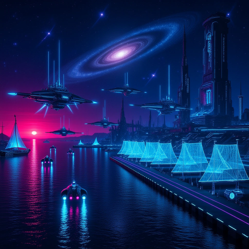 Neon Cyberpunk Harbor at Sunset