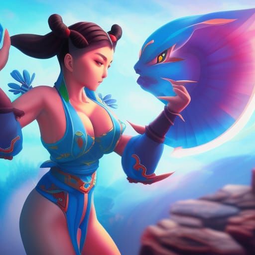 Chun-Li as Pokémon Boss: Detailed Digital Art