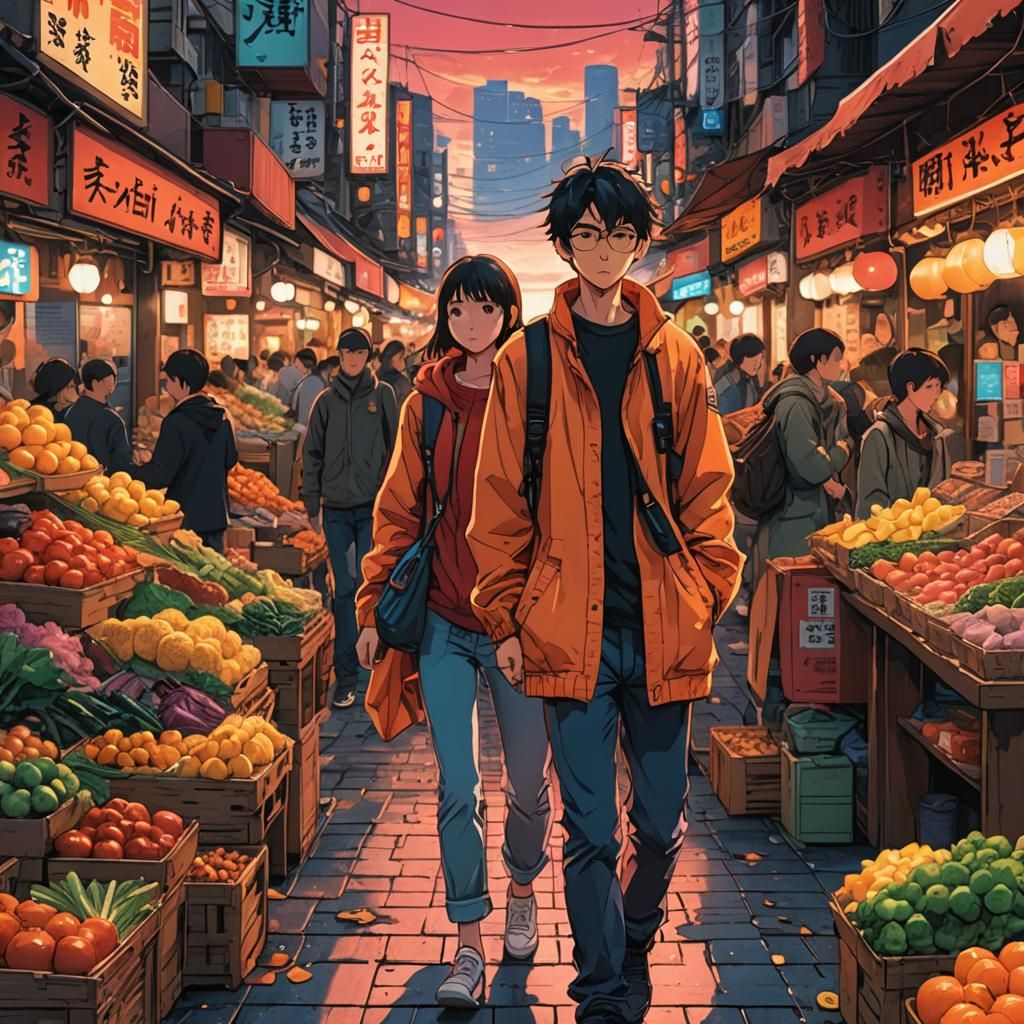 Anime Boy and Girlfriend in Crowded Market