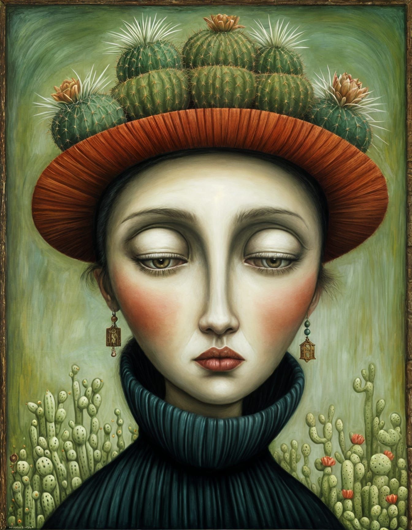Surreal Woman with Cactus Hat Portrait
