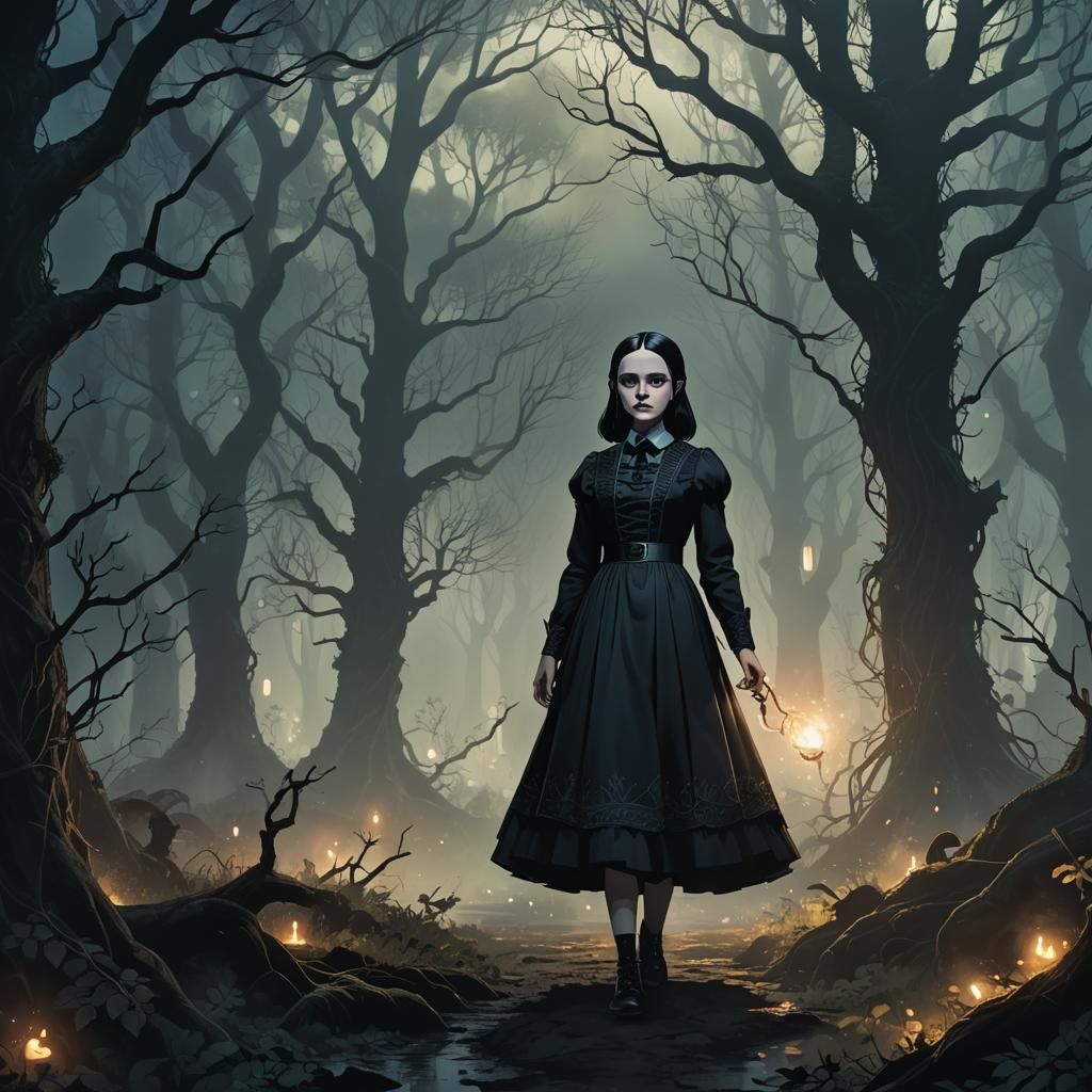 Wednesday Addams in Mystical Forest, Anime Style
