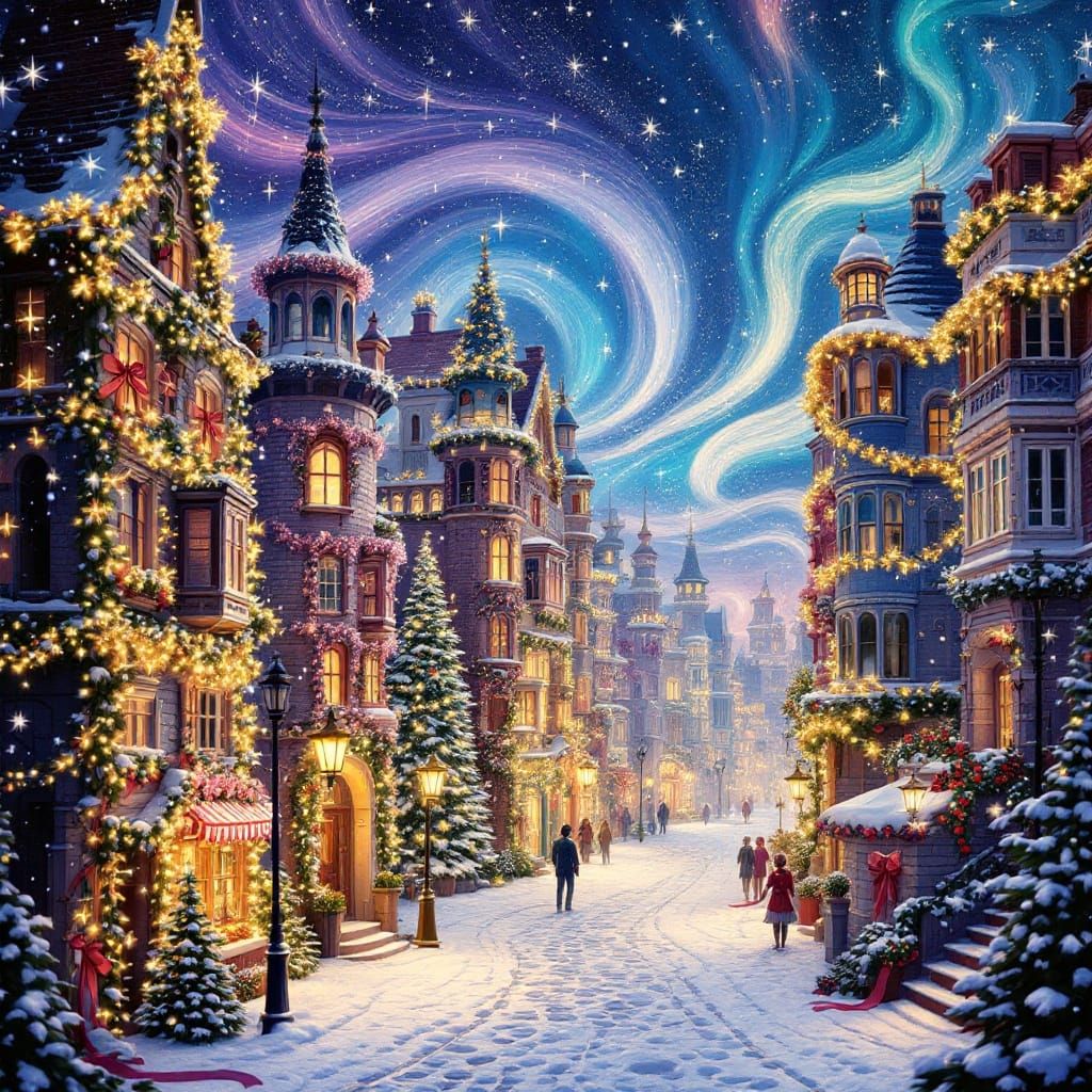 Whimsical Ribbon Cityscape Under Starry Sky