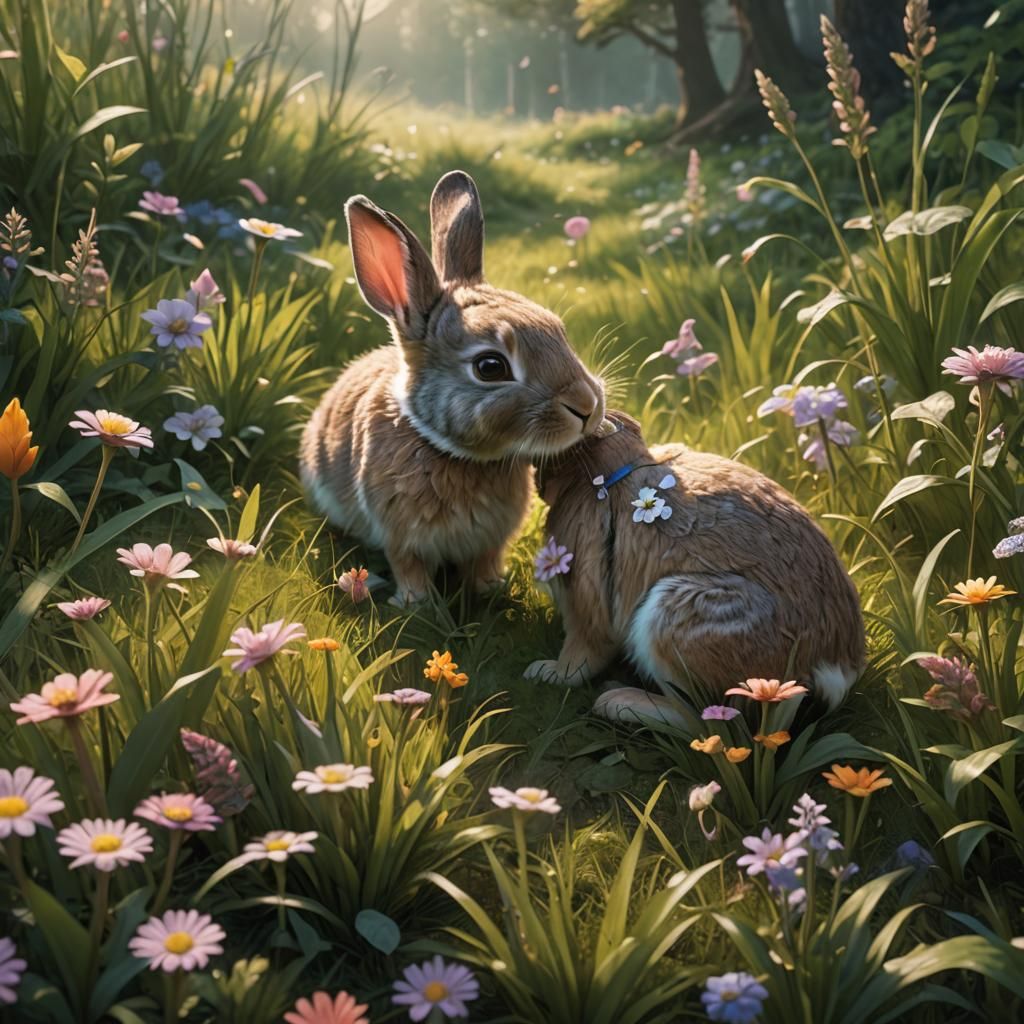 Baby Rabbit in a Lush Meadow: Hyper-Realistic Digital Art