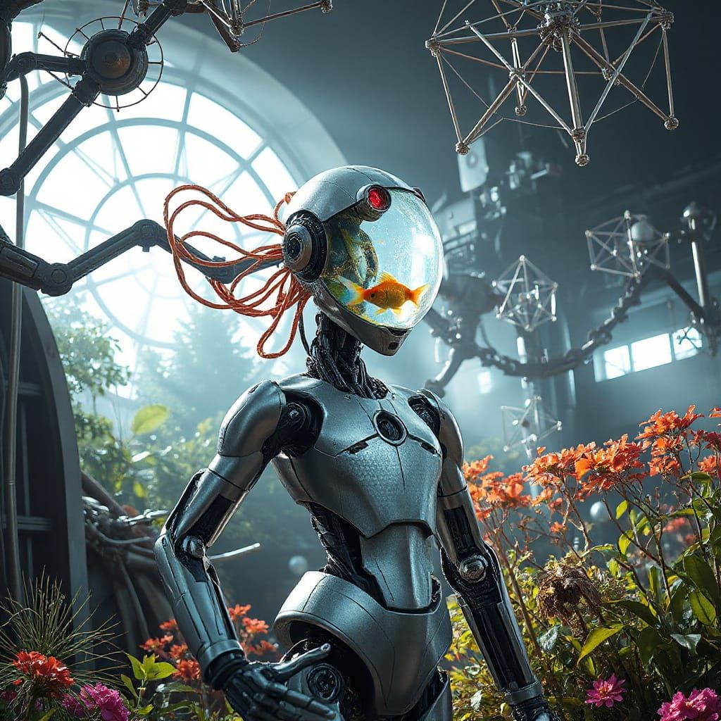 Futuristic Robot with Aquatic Head in Metallic Garden