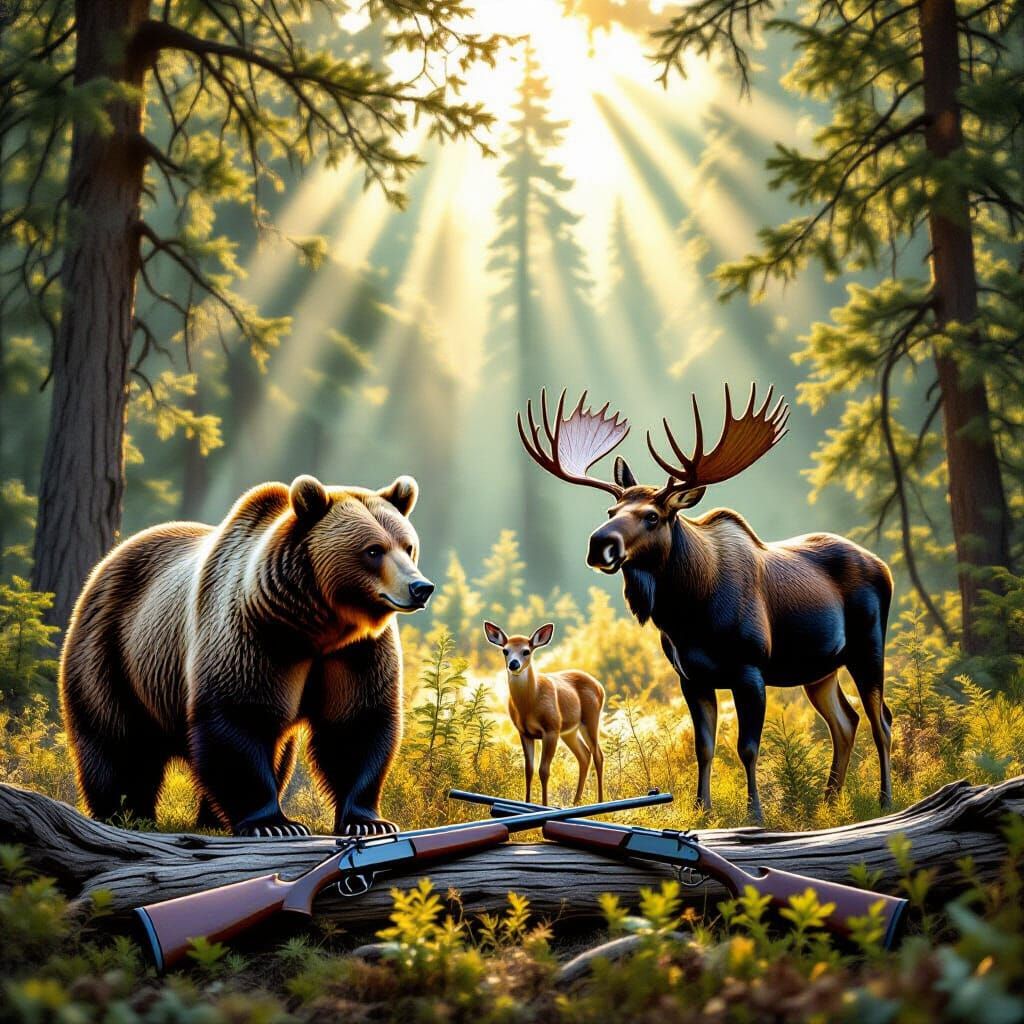 Wildlife Encounter in Forest Clearing with Antique Rifles