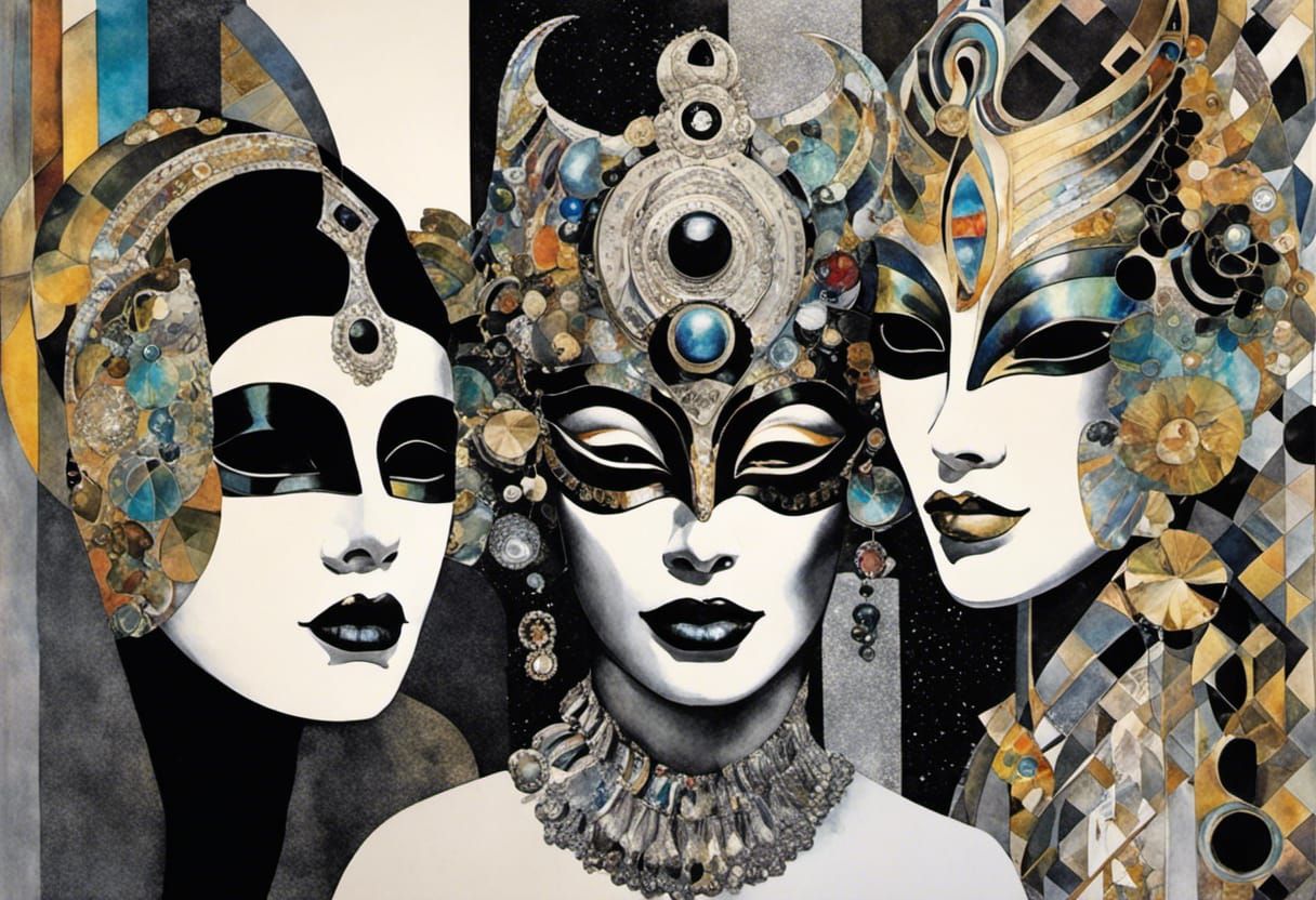 Iridescent Bohemian Masks in German Expressionism Style