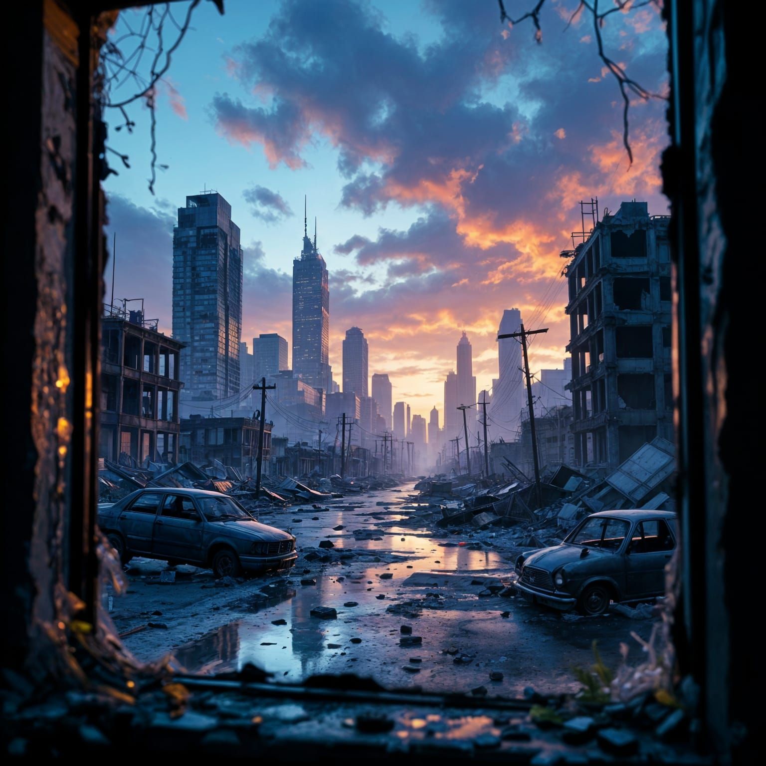 Post-Apocalyptic City View Through Grimy Window