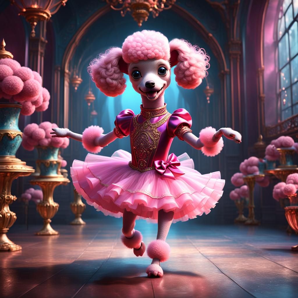 Pink Poodle Dancing Ballet in Detailed Digital Painting
