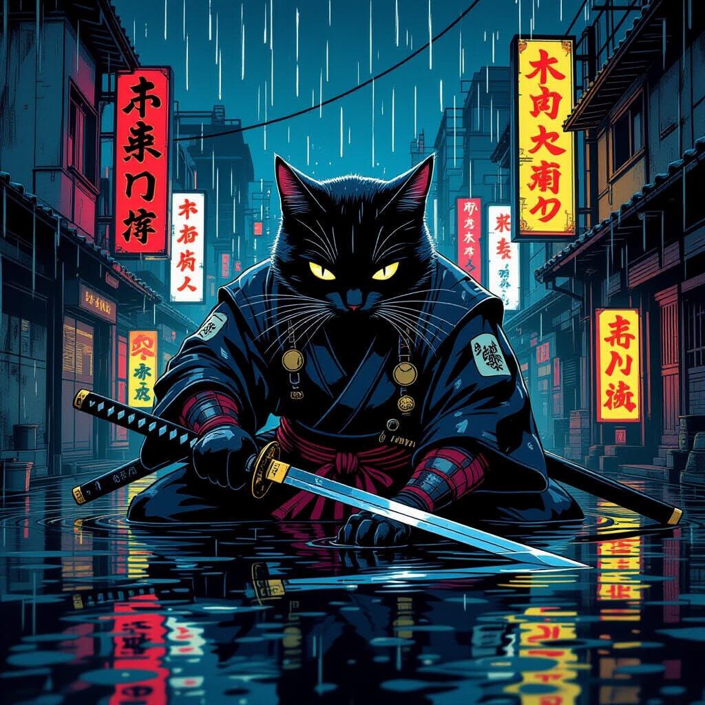 Samurai Cat Sharpening Katana on Rainy Tokyo Rooftop
