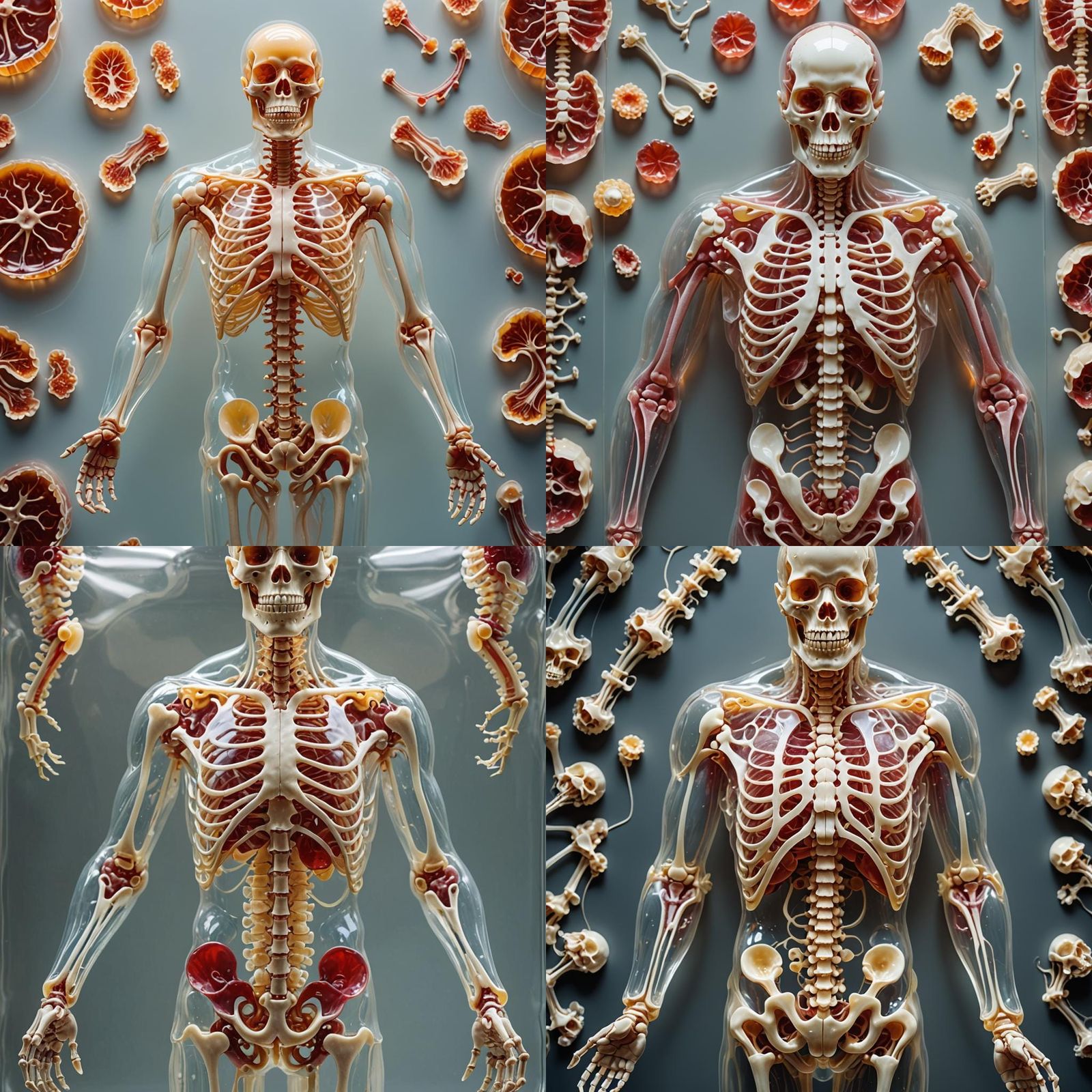 A picture of a human figure made of translucent jelly showing the bones and internal organs