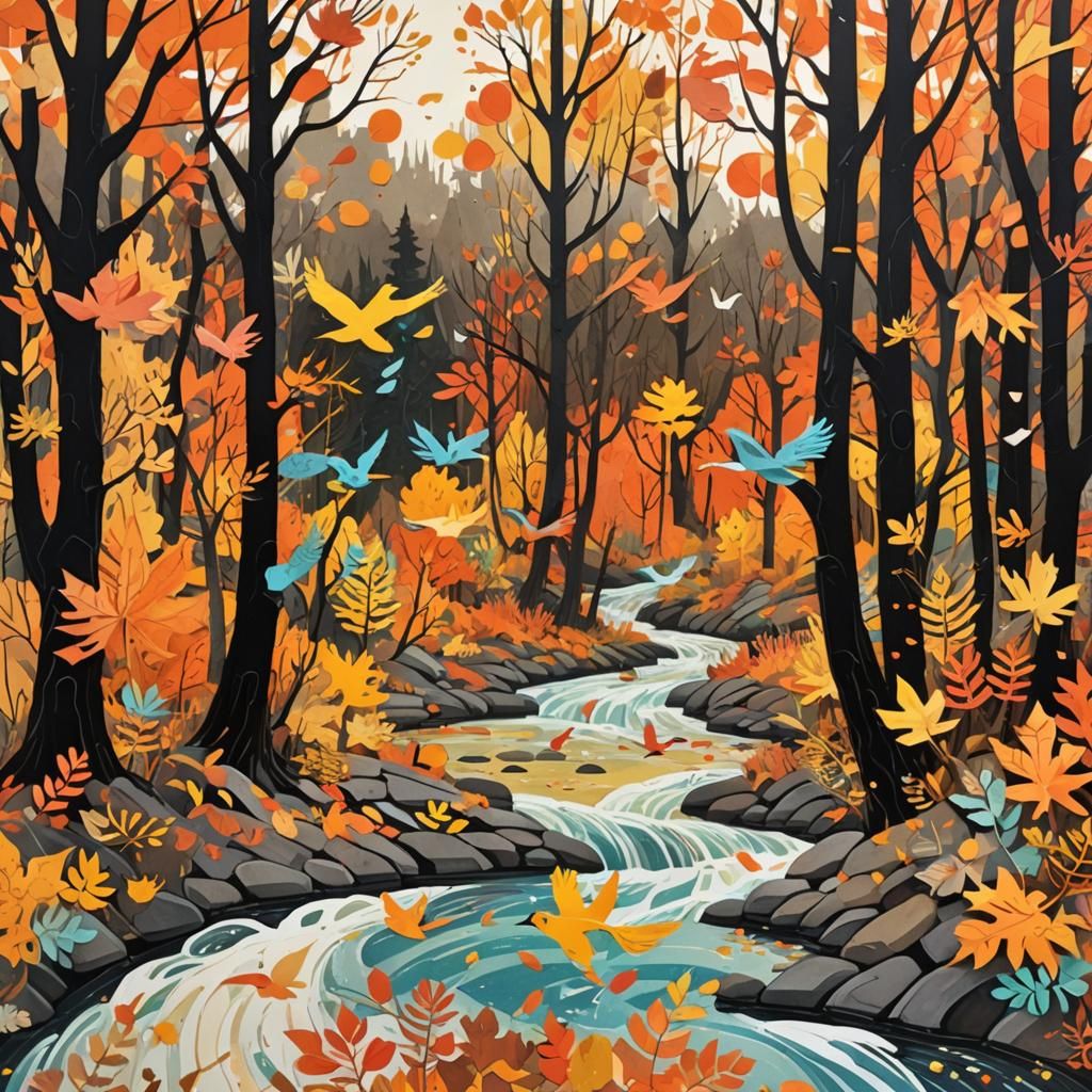 Vibrant Autumn Forest in Paper Collage Style