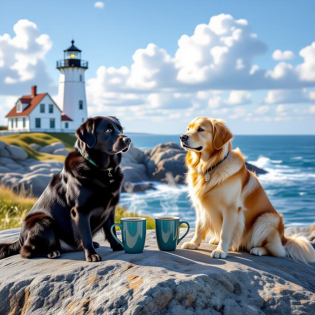 Labrador and Golden Retriever Enjoy Coffee by Lighthouse