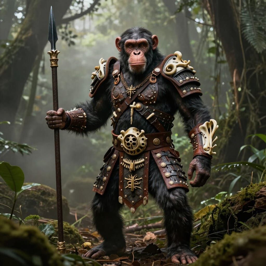 Realistic Monkey Warrior in Tribal Armor with Obsidian Spear