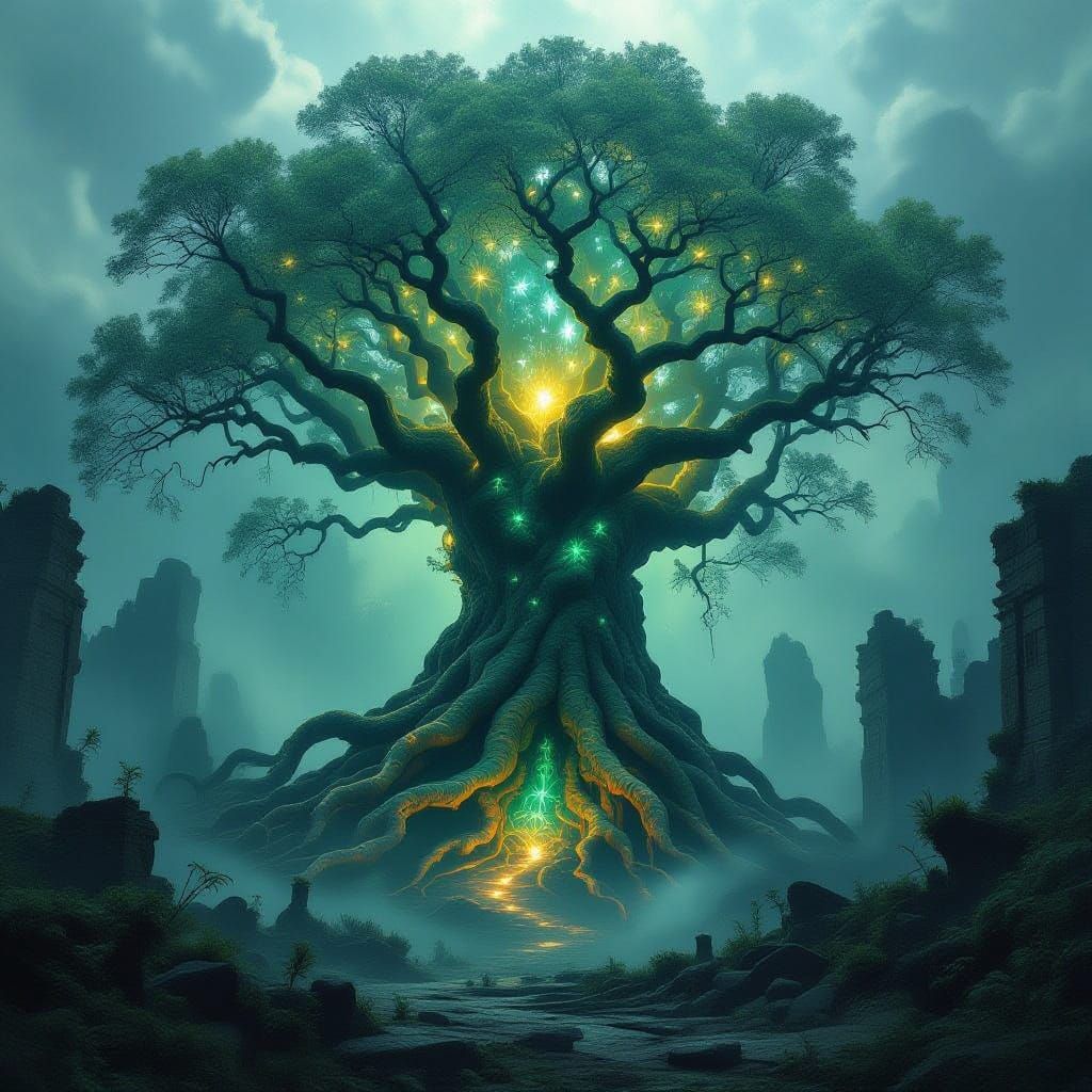 Colossal Bioluminescent Tree in Alien Ruins, Cosmic Horror S...