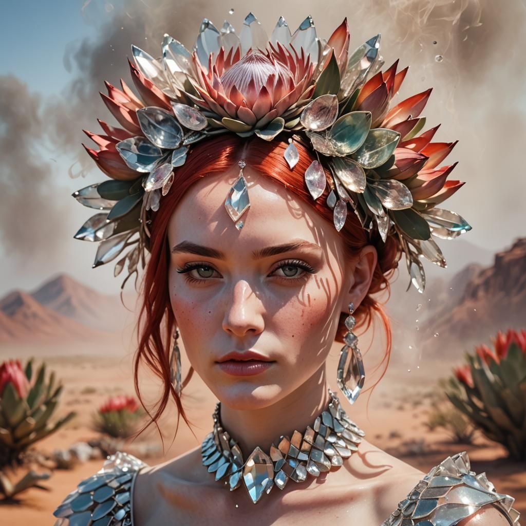 Hyperrealistic Portrait: Girl with Glass Protea Headpiece