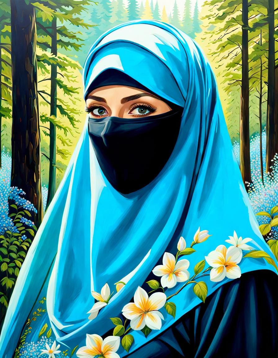 Enticing Niqabi Woman in Lush Forest, Oil Painting