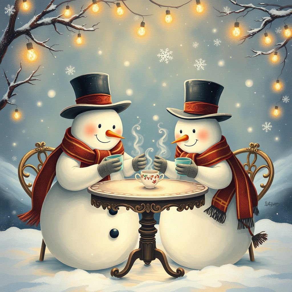 Whimsical Snowmen Enjoying Tea in Winter Wonderland