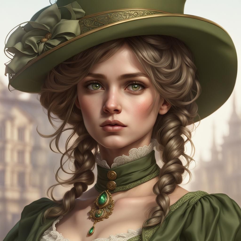 Victorian Little Match Girl Portrait in Art Nouveau Style