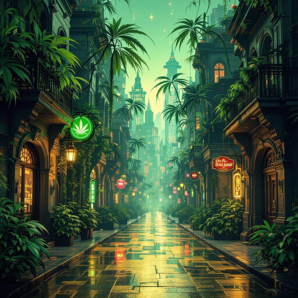 Cyberpunk Cityscape with Giant Marijuana Plants