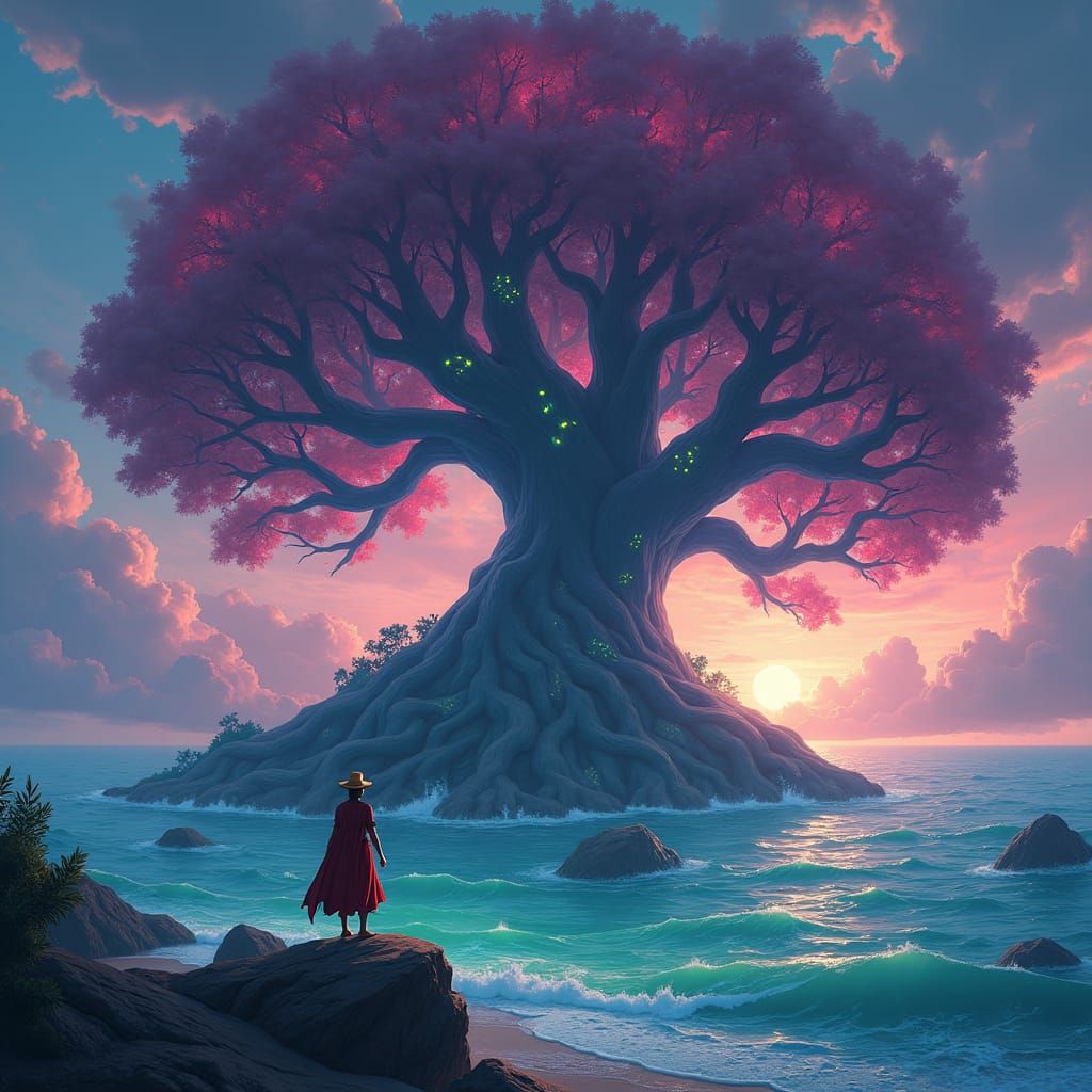 Mystical Island with Ancient Tree, in Concept Art Style