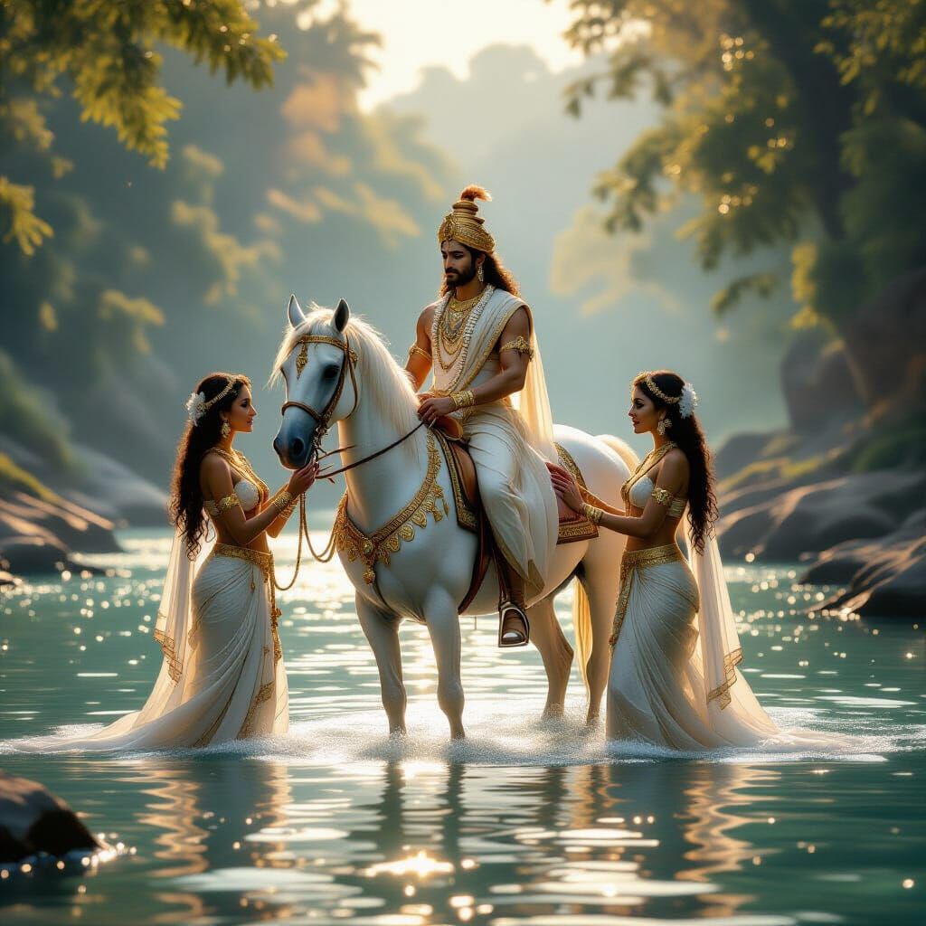 Kalki on White Horse with Consorts by Sacred River
